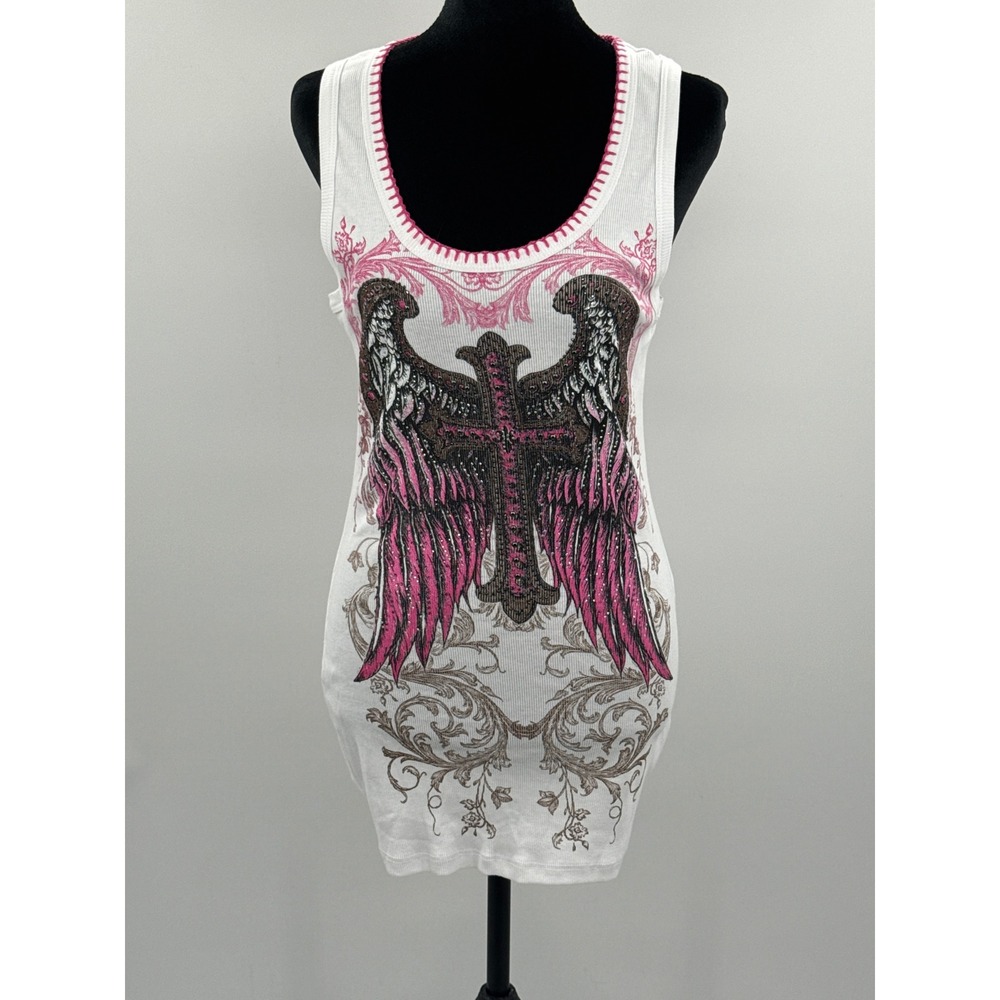 Vocal Womens Ribbed Tank Top White Pink Angel Wings Cross Rhinestone Y2K Large
